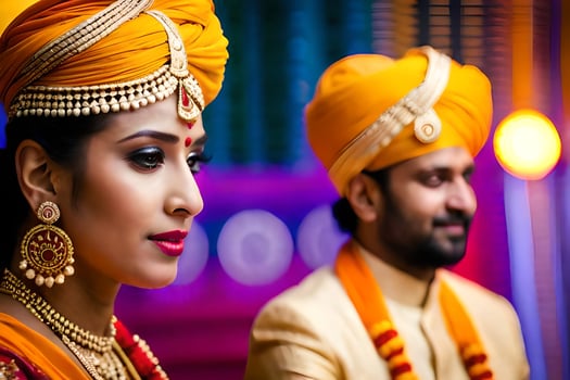 a bride and groom in traditional indian attire. AI-Generated photo
