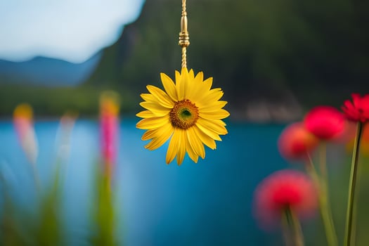 a yellow sunflower hanging from a chain near a lake. AI-Generated photo