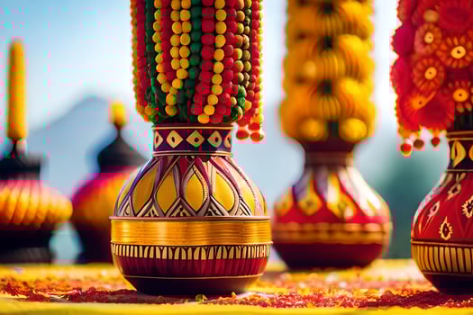 colorful vases with beaded decorations on a table. AI-Generated photo