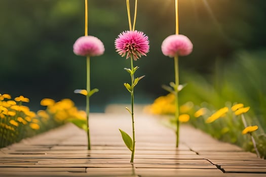 three pink flowers on a wooden walkway. AI-Generated photo