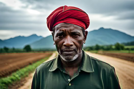 a man in a red turban stands in the middle of a dirt road. AI-Generated photo