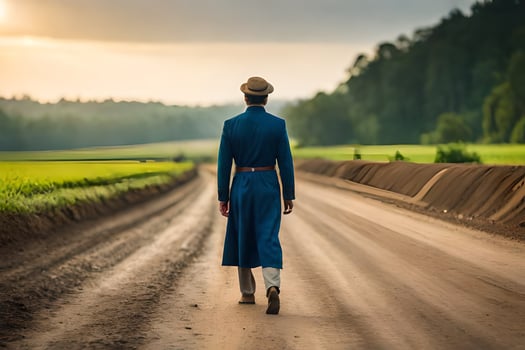a man in a blue suit walks down a dirt road. AI-Generated photo