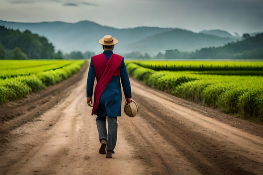 a man in a hat and suit walks down a dirt road. AI-Generated photo