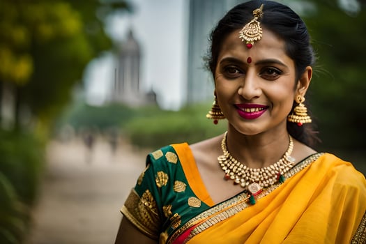 a woman in a yellow sari with gold jewelry. AI-Generated photo