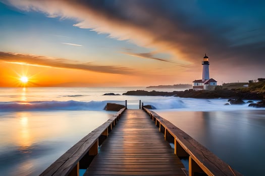 the lighthouse at sunrise. AI-Generated photo