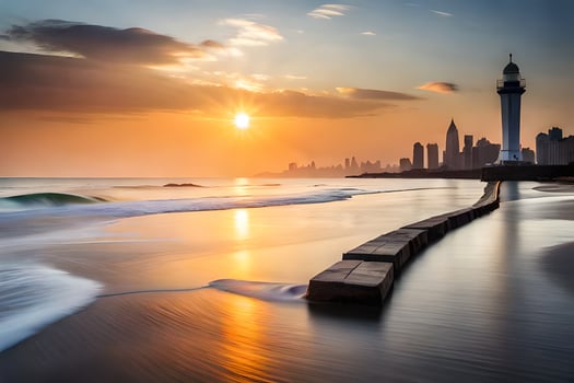 the sun sets over the ocean and a lighthouse. AI-Generated photo