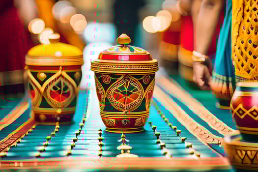 indian wedding ceremony with colorful pots and vases. AI-Generated photo