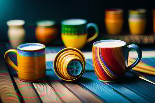 colorful coffee cups and a wooden table. AI-Generated photo