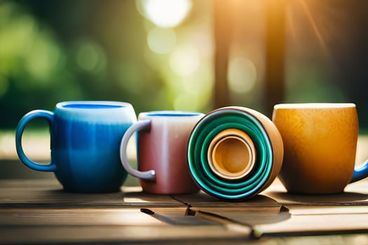 colorful coffee cups on a wooden table. AI-Generated photo