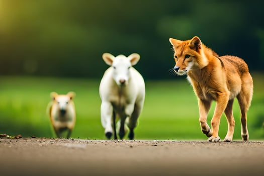 a dog and two sheep walking on a road. AI-Generated photo