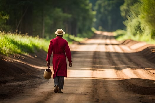 a man in a red coat walking down a dirt road. AI-Generated photo