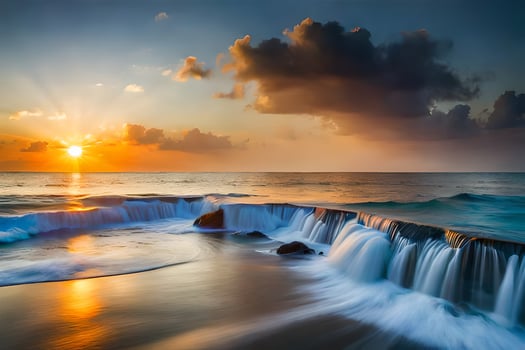 the sun sets over the ocean and waves crashing into the shore. AI-Generated photo