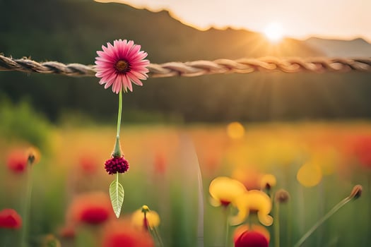 a flower is hanging from a rope in a field. AI-Generated photo