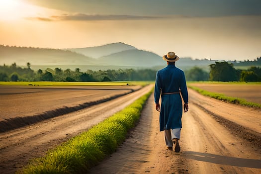 a man in a hat and blue coat walks down a dirt road. AI-Generated photo