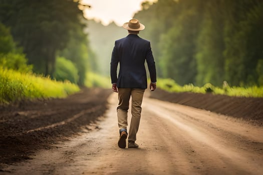 man walking on a dirt road in the woods. AI-Generated photo