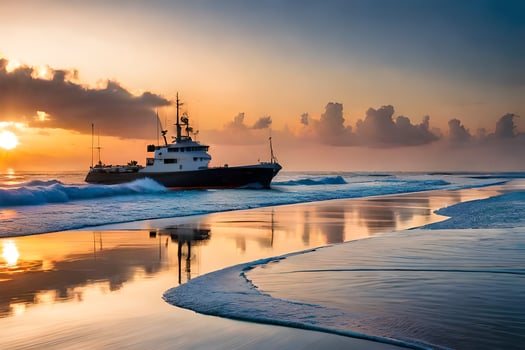 a boat on the beach at sunset. AI-Generated photo