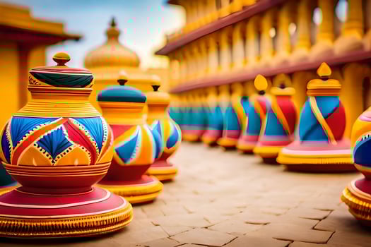 colorful vases lined up in a row. AI-Generated photo
