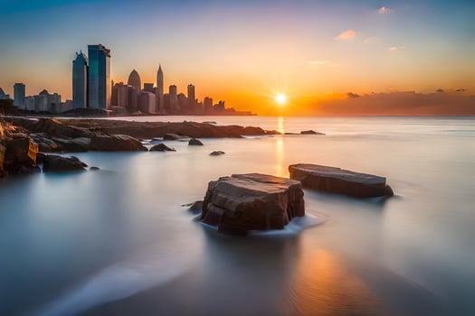 the sun sets over the city skyline in dubai. AI-Generated photo