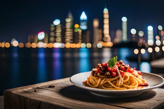 a plate of spaghetti with a view of the city. AI-Generated photo