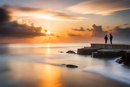 a couple stands on the edge of a pier at sunset. AI-Generated photo