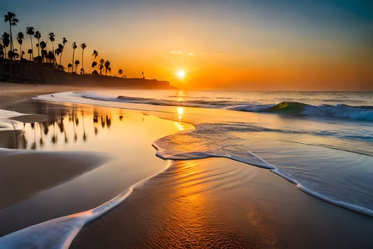 the sun sets over the ocean and palm trees. AI-Generated photo