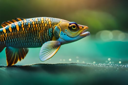 a fish with a yellow and blue body is standing on the water. AI-Generated photo