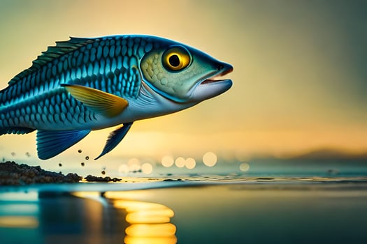 a fish is jumping out of the water at sunset. AI-Generated photo