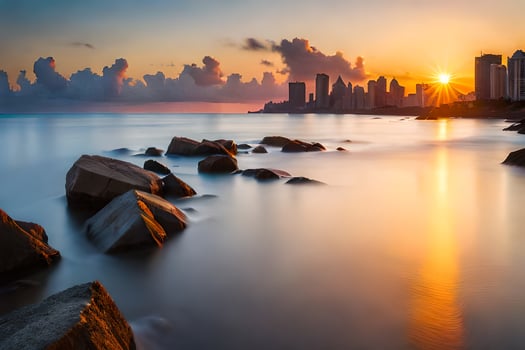 the sun sets over a city skyline and the ocean. AI-Generated photo