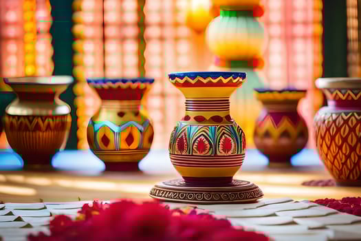 colorful vases on a table with flowers and red flowers. AI-Generated photo