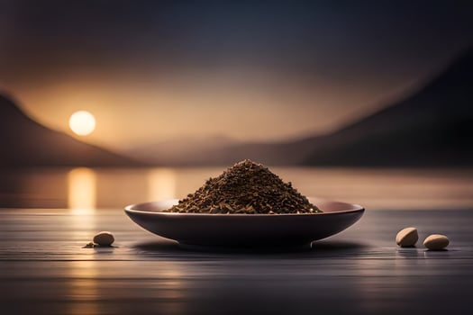 a bowl of coffee on a table with a sunset in the background. AI-Generated photo