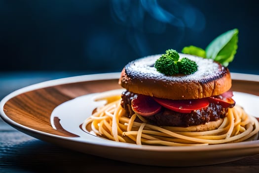 a hamburger with spaghetti on a plate. AI-Generated photo