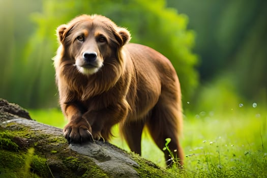 a brown dog is standing on a rock in the grass. AI-Generated photo