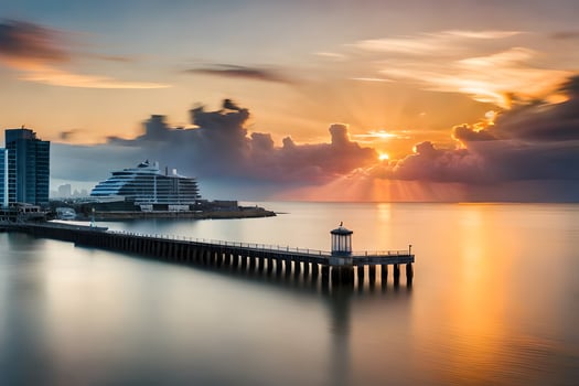 a pier with a hotel and a city skyline at sunset. AI-Generated photo