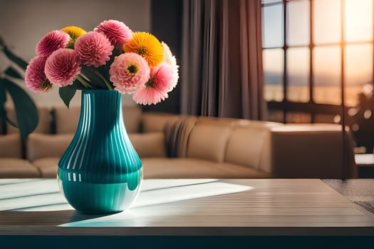 a vase of flowers on a table in front of a couch. AI-Generated photo