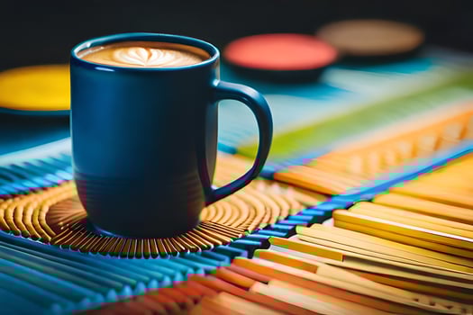 a cup of coffee sits on a colorful table. AI-Generated photo