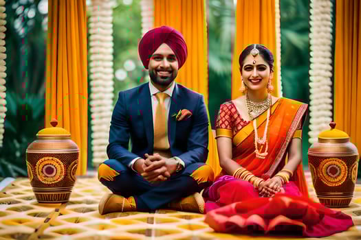 indian wedding couple sitting on the floor. AI-Generated photo