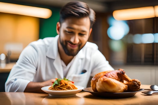 a man in a white shirt is looking at a plate of food. AI-Generated photo
