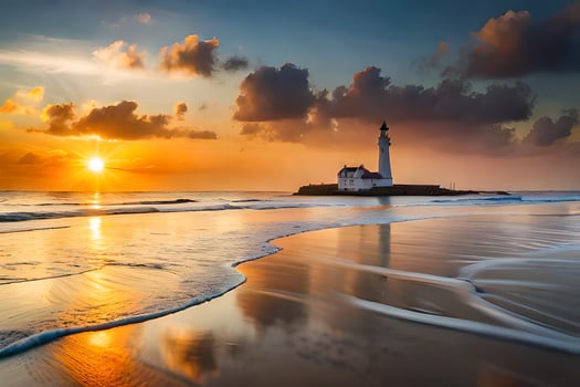 the sun sets over a lighthouse on the beach. AI-Generated photo