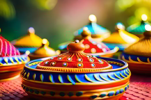colorful diyas are arranged on a table. AI-Generated photo