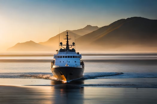 a boat traveling through the water at sunset. AI-Generated photo