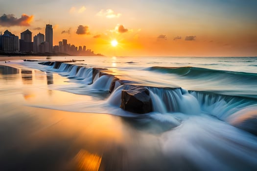 the sun sets over the city skyline and waves crashing into the beach. AI-Generated photo