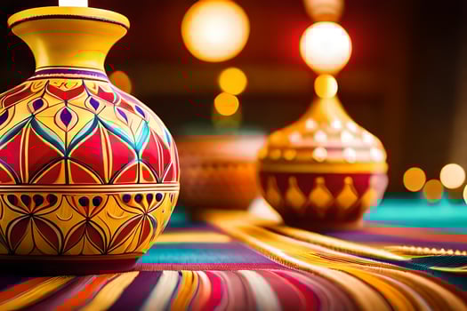 colorful vases on a table with candles. AI-Generated photo