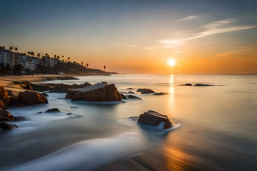 the sun sets over the ocean in this long exposure photograph. AI-Generated photo