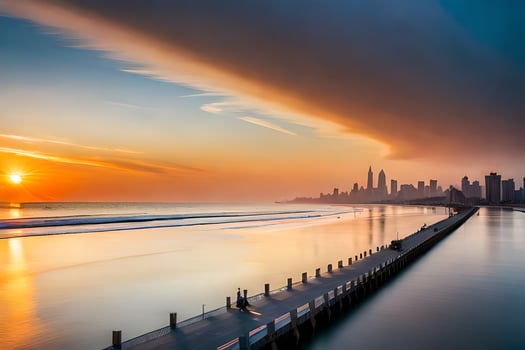 the city skyline is reflected in the water as the sun sets. AI-Generated photo