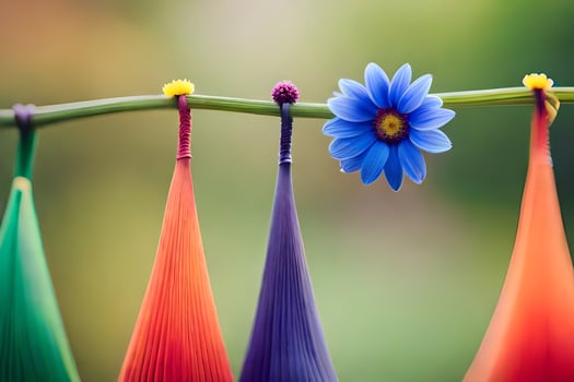 colorful kites hanging on a string with a blue flower. AI-Generated photo