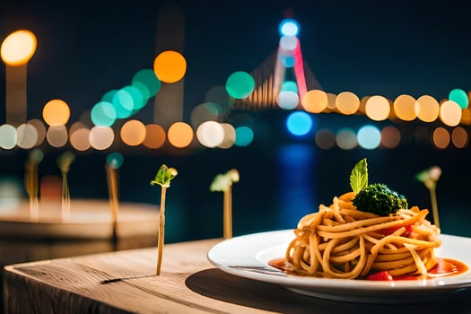 a plate of spaghetti with a view of the city. AI-Generated photo