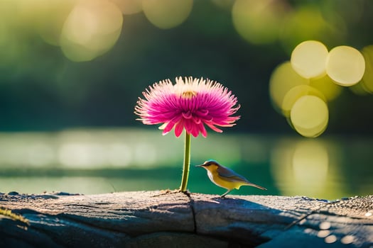 a bird and a flower standing on a rock. AI-Generated photo