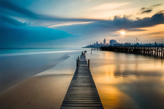 a long pier stretches out into the ocean at sunset. AI-Generated photo