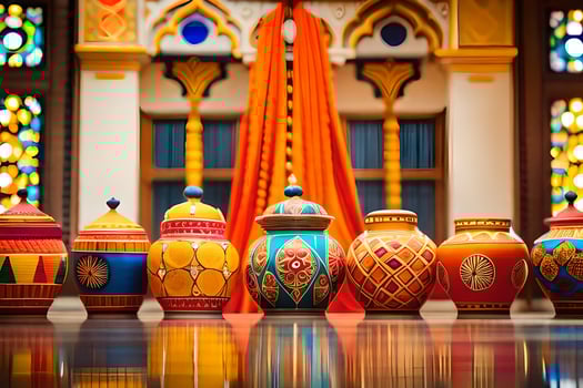 a row of colorful vases sit on a table. AI-Generated photo
