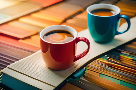 two cups of coffee on a table with a book. AI-Generated photo